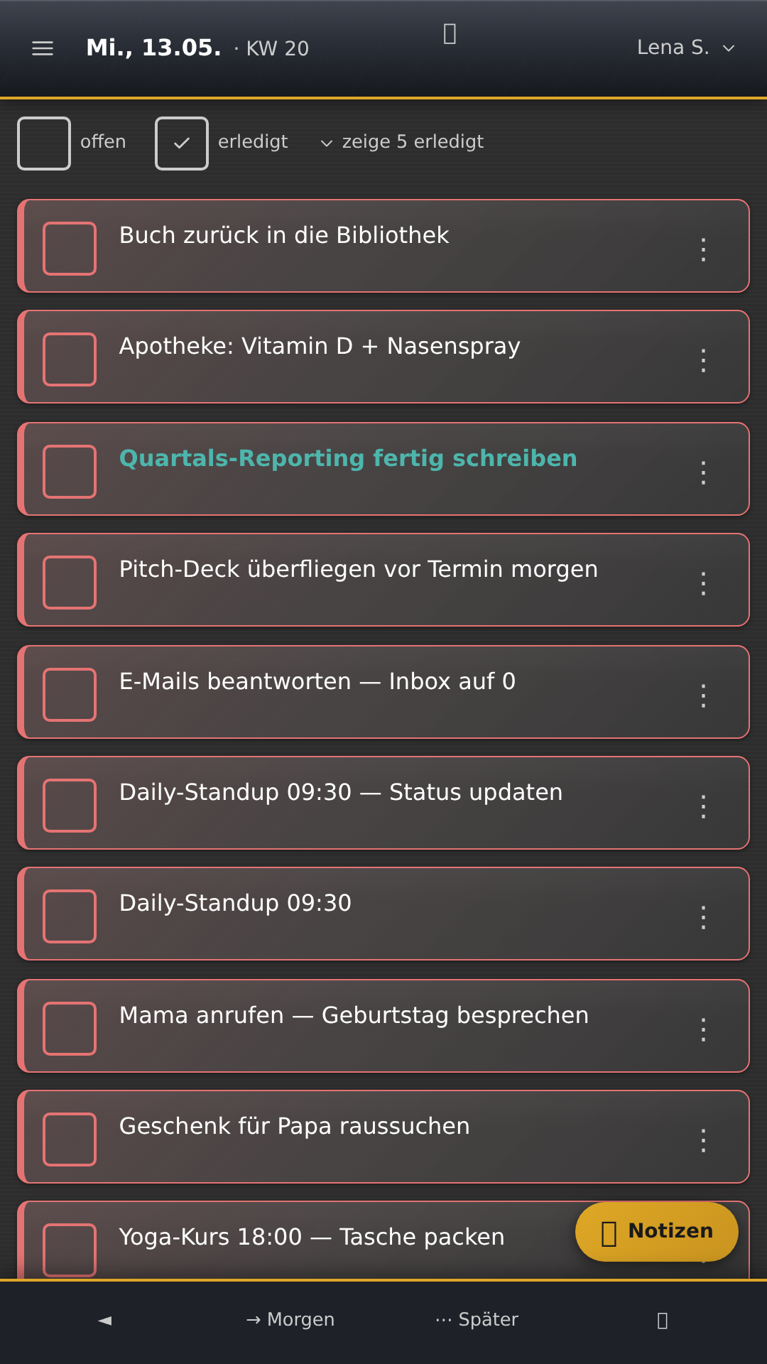 Heute-Ansicht mit Tagesaufgaben
