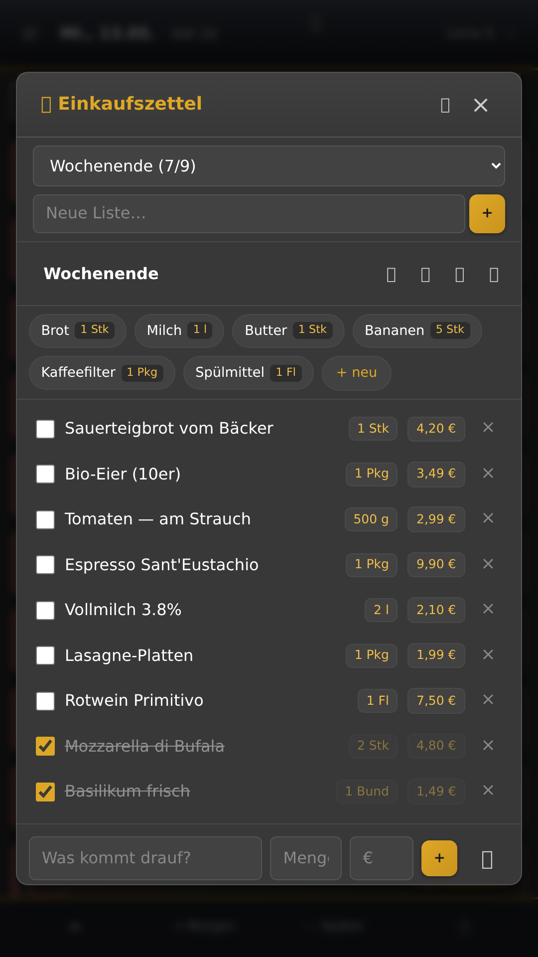 Einkaufsliste mit Preisen und Summe
